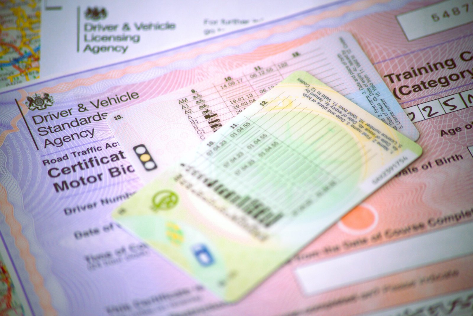 DVLA letter, Dvsa motorcycle CBT certificate with provisional and full British licence.